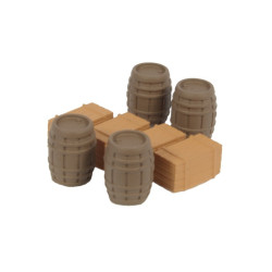 Conjunto de Barricas y Cajas de madera, 4 de cada, Escala H0, Marca 8Train, Ref: 222.22.