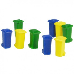 Conjunto de 9 contenedores de basura de 100 L., amarillo, azul y verde, Escala N, Marca N-Train, Ref: 212.56.