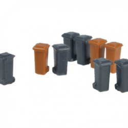 Conjunto de 9 contenedores de basura de 100 L., Negro y Marron, Escala N, Marca N-Train, Ref: 212.57.
