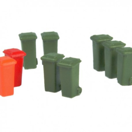 Conjunto de 9 contenedores de basura de 100 L., Verde, naranja y rojo, Escala N, Marca N-Train, Ref: 212.58.