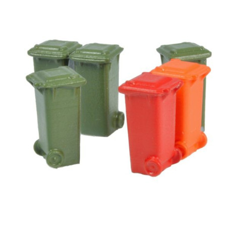 Conjunto de 6 contenedores de basura de 100 L., Verde, naranja y rojo, Escala H0, Marca 8Train, Ref: 222.32.