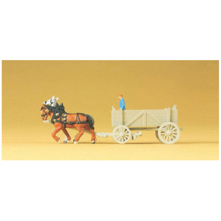 Carro de madera con dos caballos, 3 figuras mas complementos. Marca Preiser, Ref: 79475.