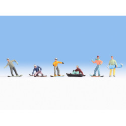 Esquiadores de snowboard, seis figuras, Escala H0. Marca Noch, Ref: 15826.