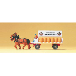 Carromato cervecero con dos caballos, 2 figuras y carga de toneles. Escala N. Marca Preiser, Ref: 79478.