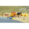 Conjunto de cuatro tiendas de camping y complementos, Escala H0. Marca Busch, Ref: 6026.