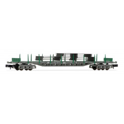 Vagón Plataforma tipo Rgs RENFE, Color verde, Carga planchas de acero, Escala N. Marca Arnold, Ref: HN6406.