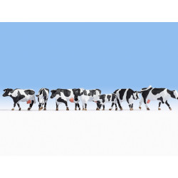 Vacas con manchas blancas y negras, siete figuras, Escala H0. Marca Noch, Ref: 15725.