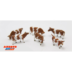 Vacas con pintas marrones, 6 Figuras, Escala H0. Marca Aneste, Ref: 4009M.