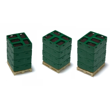 Conjunto de 3 Palets cargados de Cajas verdes y Botellas, Escala N, Marca N-Train, Ref: 211008.