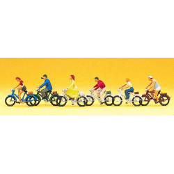 Grupo de ciclistas, 6 figuras, Escala H0. Marca Preiser, Ref: 10091.