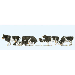 Vacas con pintas negras y blancas, 6 figuras, Escala H0. Marca Preiser, Ref: 10145.
