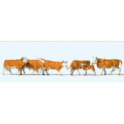 Vacas con pintas marrones y blancas, 6 figuras, Escala H0. Marca Preiser, Ref: 10146.