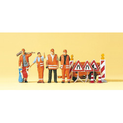 Obreros de carreteras con complementos, 4 figuras, Escala H0. Marca Preiser, Ref: 10347.