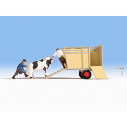 Transportando toro en remolque, cuatro figuras, Remolque, Escala H0. Marca Noch, Ref: 16650.