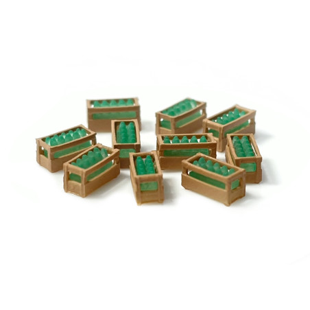 Conjunto de 10 cajas de madera con botellas verdes, Escala N. Marca N-Train, Ref: 211049.