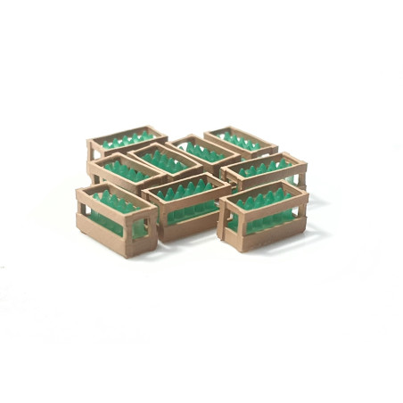 Conjunto de 9 cajas de madera largas con botellas verdes, Escala H0. Marca 87Train, Ref: 221049.