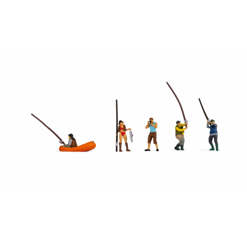 Pescadores con cañas de pescar, Cinco figuras, Escala H0, Marca Noch, Ref:  15891