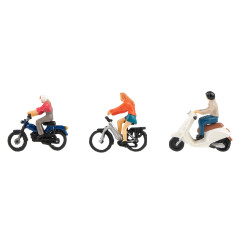 Motoristas con ciclomotores, Tres figuras, Escala H0. Marca Faller, Ref: 151801.