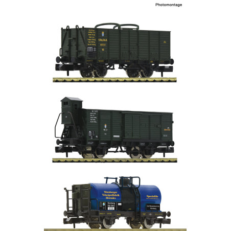 Conjunto de tres vagones de mercancías, K.Bay.Sts.B, Epoca I, Escala N. Marca Fleischmann, Ref: 809005.