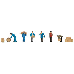 Trabajadores de almacen con carga de paquetes y barriles, Seis figuras, Escala H0. Marca Faller, Ref: 151609.