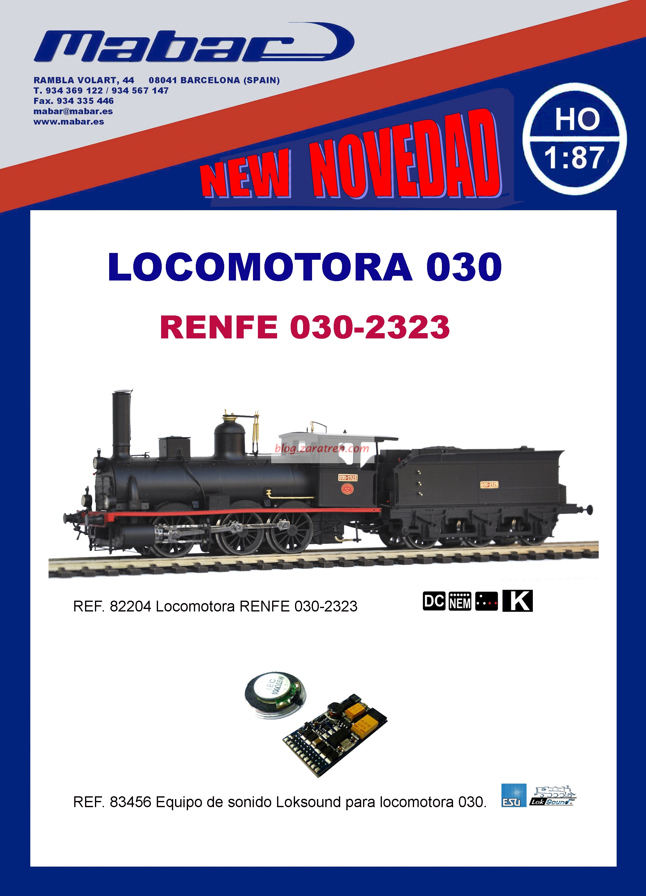 Mabar – Nueva versión 030, locomotora de vapor 030-2323 RENFE DC , Ref 82204, Escala H0