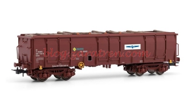Electrotren. – Vagón RENFE tipo Ealos:  verde-gris con carga de chatarra 6 Palet,s Ref: E5387 – » Torras Papel » rojo oxido con carga de troncos Ref: E5386 – Escala H0.