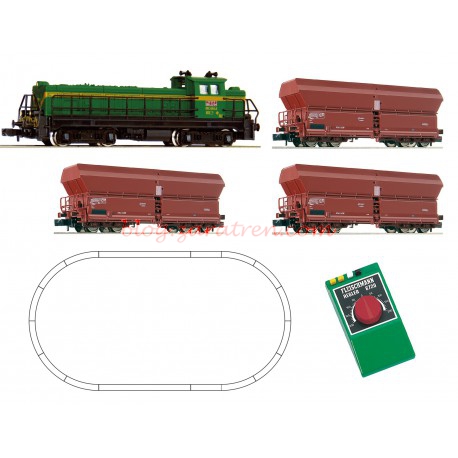 Fleischmann – Set de iniciación con locomotora » Valenciana » y tres tolvas, RENFE, Vía Roco sin balasto, Ref: 931604 –  Escala N
