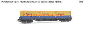 Electrotren - E5176 - E5176 - RENFE, 4-axle flatwagon Rs type, brown with threee 20' containers "RENFE", blue-yellow