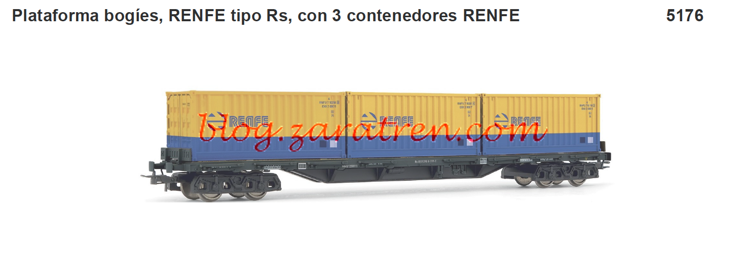 Electrotren – Vagón plataforma bogies, RENFE, tipo Rs, Contenedores Azul-Amarillo, Ref 5176 – Vagón plataforma bogies,RENFE, tipo Rs, Contenedores Azul Oscuro, Ref 5177