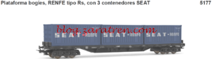 Electrotren - E5177 - E5177 - RENFE, 4-axle flatwagon Rs type, brown with threee 20' containers "RENFE", dark blue
