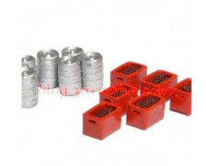 N-Train - Conjunto de 6 cajas rojas con botellas marrones y 6 barriles de cerveza, Escala N, Ref: 212.43.