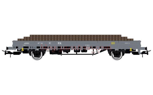 R.N., vagón teleros 2 ejes, gris , con carga de traviesas de madera. Época II