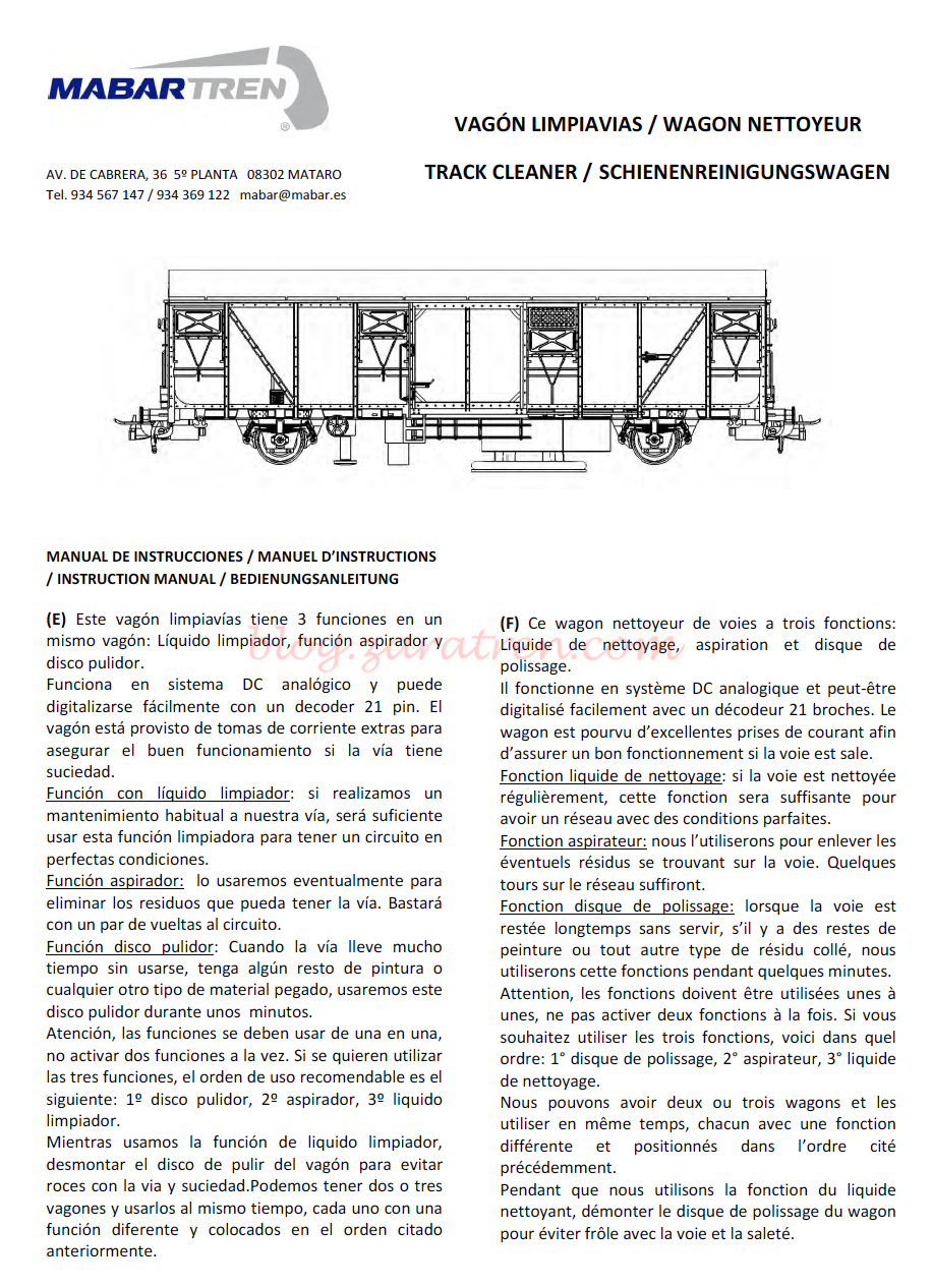 Mabar – Manual de instrucciones y vídeo del funcionamiento de los nuevos vagones limpiavías de Mabar, Ref 81800 y 81805, en escala H0