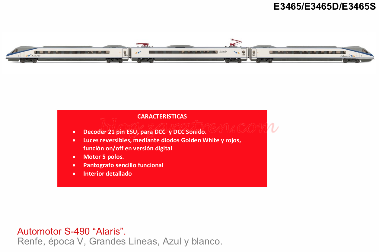 Electrotren – Novedad Enero, RENFE, 3-unidades EMU «Alaris», librea original Azul y Blanca E3465 A/D/S