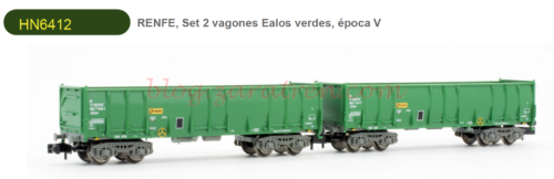 Arnold - Novedad, Set de 2 vagones abiertos, Ealos: HN6411 Marron, HN6412 verde logo RENFE, HN6413 Azul