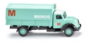 Wiking - Camión plataforma Magirus Sirius, " Migros ", Epoca IV, Escala H0, Ref: 042602.