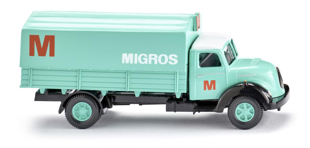 Wiking – Camión plataforma Magirus Sirius, » Migros «, Epoca IV, Escala H0, Ref: 042602.