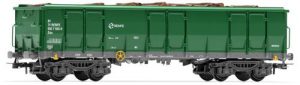 Vagón RENFE tipo Ealos, Verde-Gris, Con carga de Troncos, ENVEJECIDO, Escala H0, Ref: E6541E.