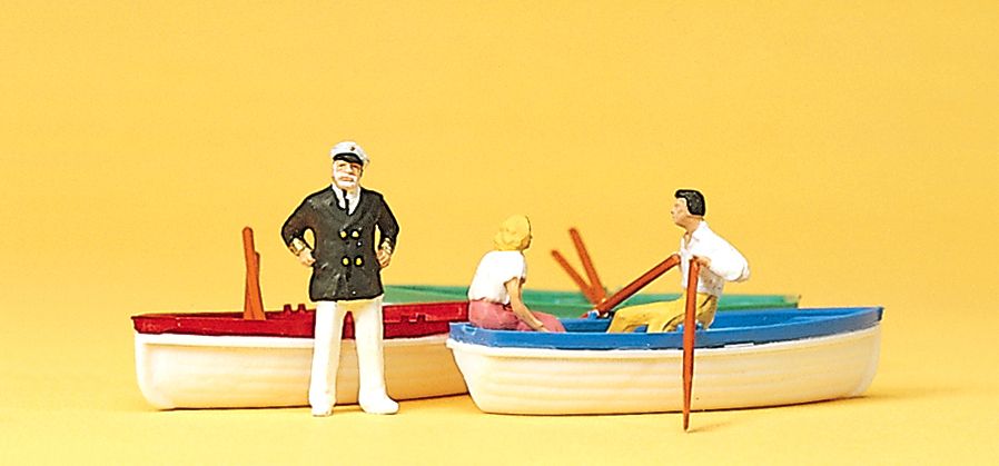 Preiser – Tres barcas de alquiler con personal, 6 figuras, Escala H0, Ref: 10072.