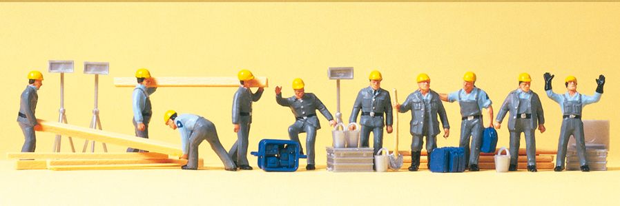 Preiser – Obreros de la Construcción con complementos, 10 figuras, Escala H0, Ref: 10220.