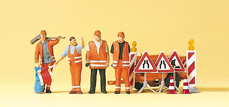 Preiser – Obreros de carreteras con complementos, 4 figuras, Escala H0, Ref: 10347.