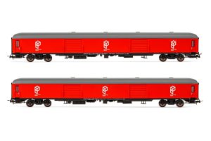 Set de dos furgones tipo DD-8100, RENFE, Color rojo, Paquexpres Epoca V, Escala H0.  Marca Electrotren, Ref: E5228.