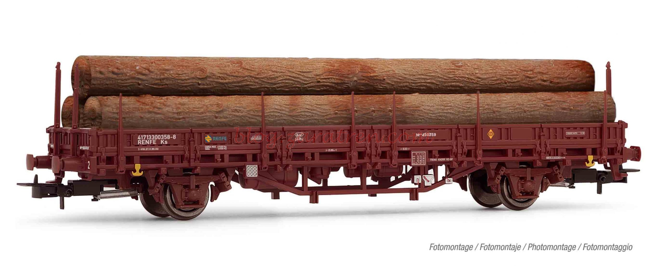 Electrotren – Vagón plataforma oxido con carga de troncos de madera, Escala H0. Ref: E1658.
