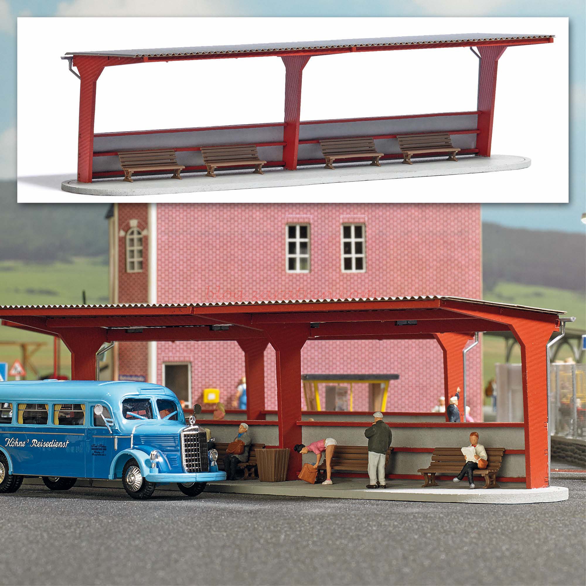 Busch – Estación de Autobuses con techo corrugado y 4 bancos, Escala H0, Ref: 1377.
