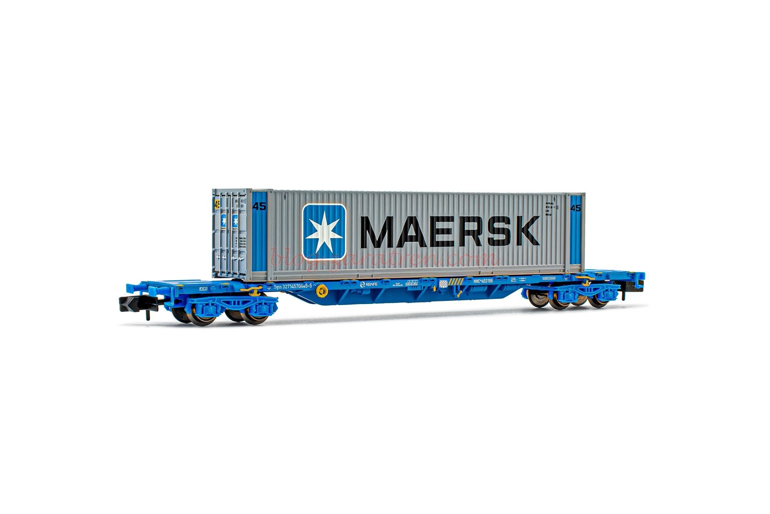 Arnold – Vagón Plataforma tipo MMC, RENFE, Color azul, C. Maersk, 45 pies, Escala N, Ref: HN6441.