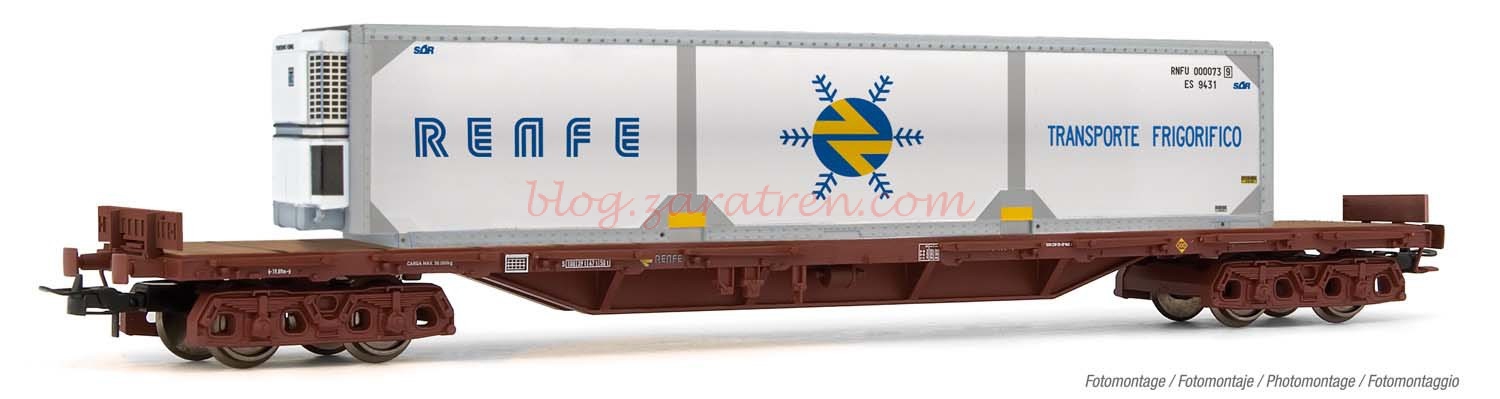 Electrotren – Vagón plataforma, Tipo MMQ, RENFE, Rojo Oxido, Contenedor Frigorifico, Epoca IV, Escala H0, Ref: HE6006.