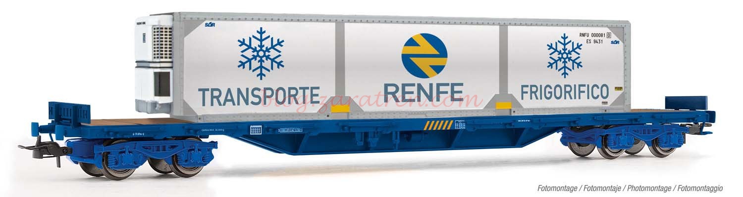 Electrotren – Vagón plataforma, Tipo MMQ, RENFE, Azul, Contenedor Frigorifico, Epoca V, Escala H0, Ref: HE6007.