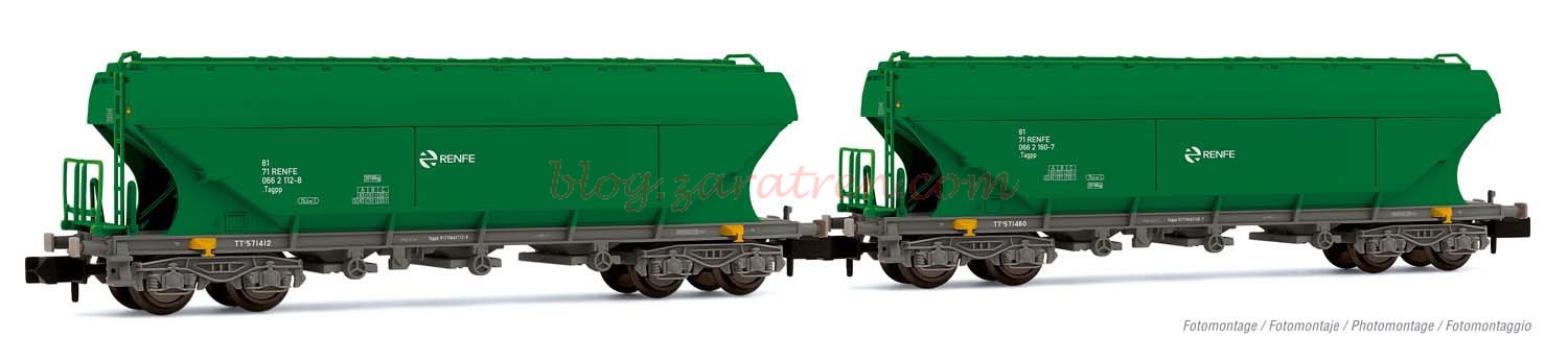 Arnold – Dos Vagones tolva TT5 RENFE, Librea Verde, Epoca V, Escala N, Ref: HN6506.