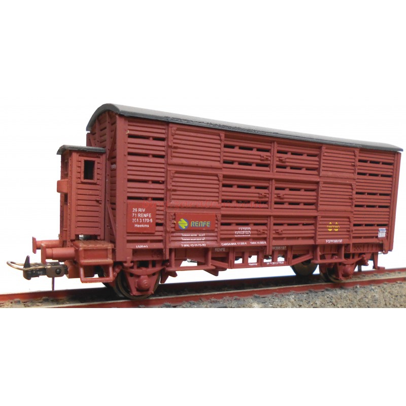 K*Train – Vagón Jaula de transporte de ganado con Garita, Color Rojo Oxido, Epoca IV, H0, Ref: 0719-A.