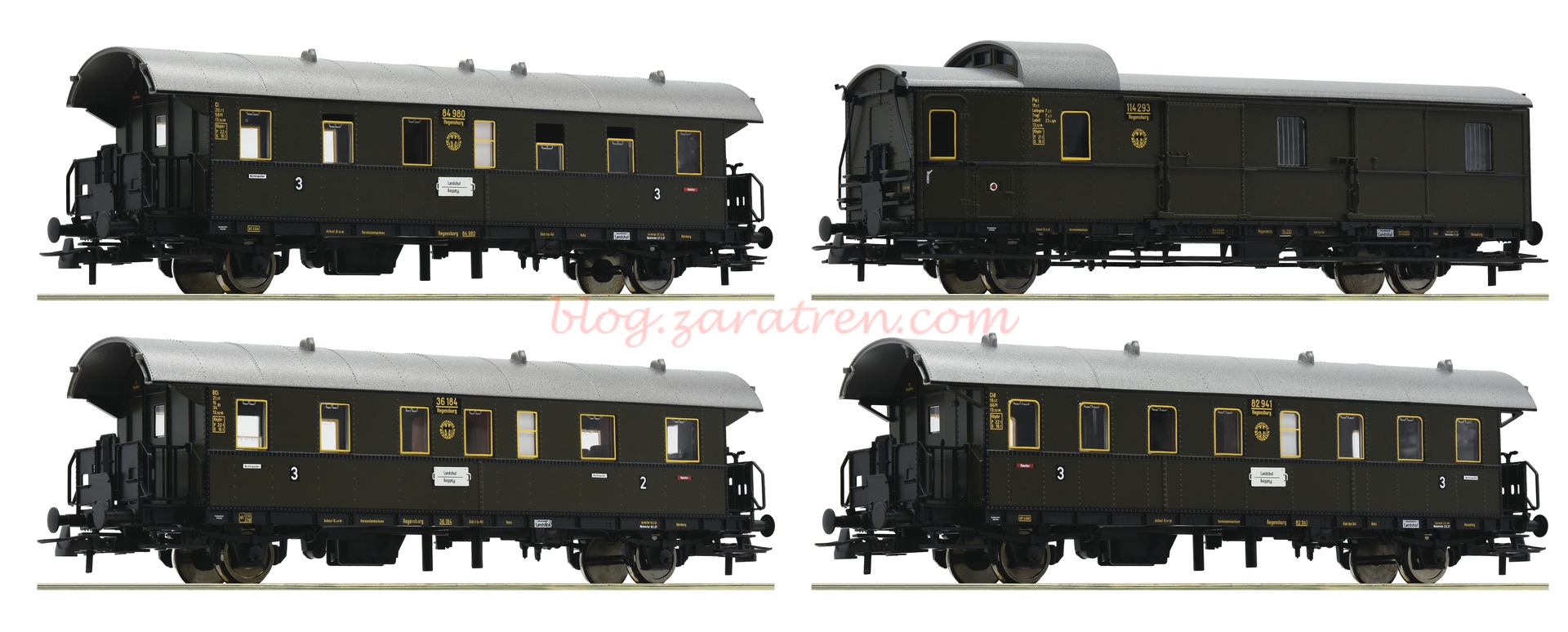 Roco – Set de tres coches de viajeros mas furgón, » Donnerbuchse «, DB, Epoca II, Escala H0, Ref: 74102.